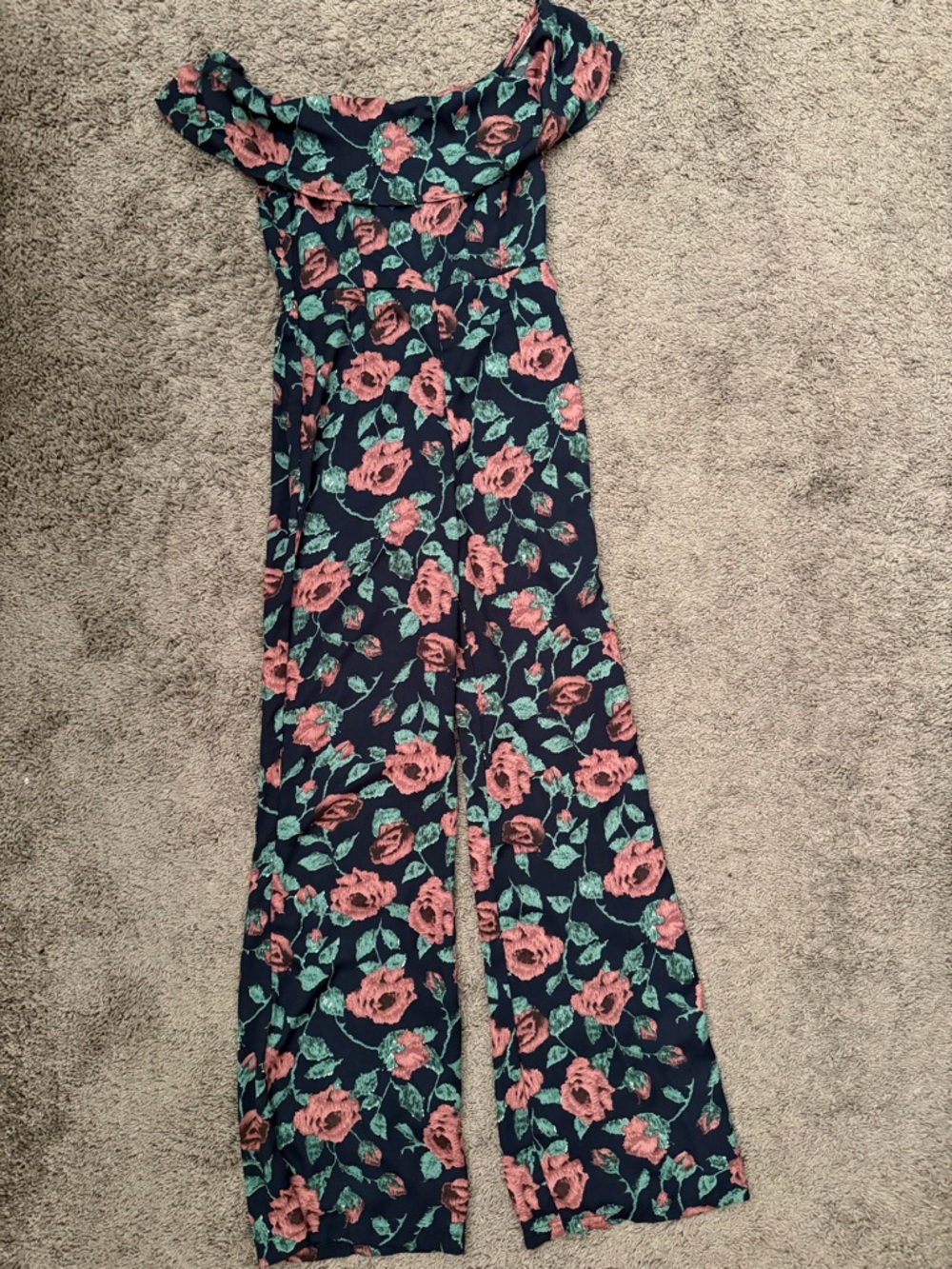 Nasty Gal Navy Off-Shoulder Floral Jumpsuit with Pink Roses